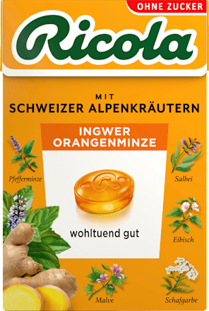 Bonbons Schweizer Alpenkräuter Ingwer Orangenminze zuckerfrei Ricola