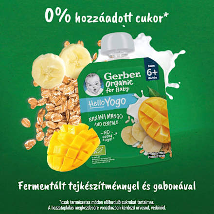 Bio gyümölcspüré banánnal, mangóval, fermentált tejkészítménnyel és gabonával 6 hónapos kortól Gerber Organic