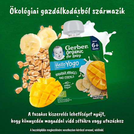 Bio gyümölcspüré banánnal, mangóval, fermentált tejkészítménnyel és gabonával 6 hónapos kortól Gerber Organic