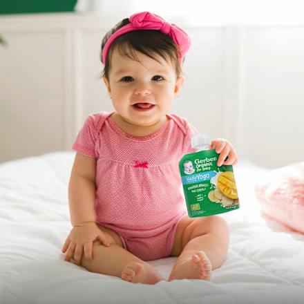 Bio gyümölcspüré banánnal, mangóval, fermentált tejkészítménnyel és gabonával 6 hónapos kortól Gerber Organic