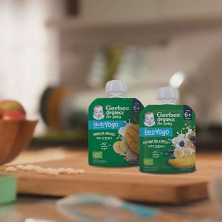 Bio gyümölcspüré banánnal, mangóval, fermentált tejkészítménnyel és gabonával 6 hónapos kortól Gerber Organic