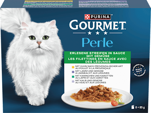 Nassfutter Katze Perle Erlesene Streifen in Soße mit Gemüse Purina Gourmet