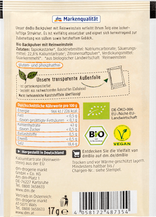 Backpulver mit Reinweinstein (4x17 g) dmBio