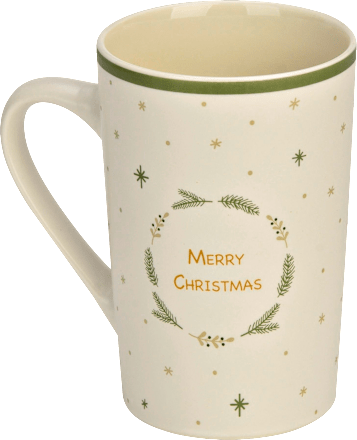 Kaffeebecher Kranzmotiv mit Spruch "MEERY CHRISTMAS", weiß-mint-gold Dekorieren & Einrichten