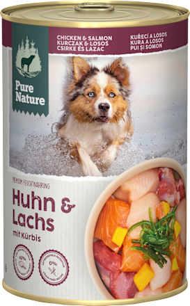 Nassfutter Hund mit Huhn, Lachs, Rind & Kürbis Pure Nature