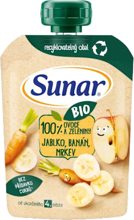 BIO příkrm v sáčku 100% ovoce a zeleniny jablko, banán, mrkev Sunar