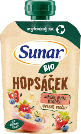 BIO příkrm v sáčku Hopsáček jahoda, banán, borůvka a ovesné vločky Sunar
