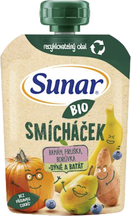 BIO příkrm v sáčku Smícháček banán, hruška, dýně, batáty a borůvky Sunar