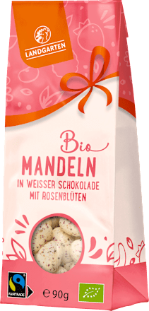 Schokolade Mandeln in weißer Schokolade mit Rosenblüten Landgarten