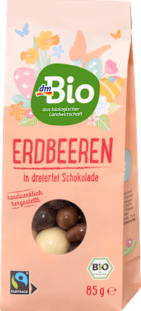 Trockenfrüchte, Erdbeeren in dreierlei Schokolade dmBio