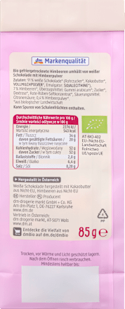 Himbeeren in weißer Beerenschokolade dmBio