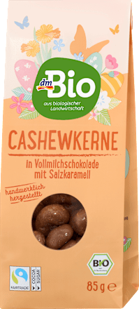 Pražené a solené kešu oriešky v mliečnej čokoláde so slaným karamelom dmBio