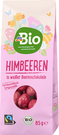 Schokolade Himbeeren in weißer Beerenschokolade dmBio