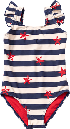 Badeanzug mit Rüschen & Seestern-Muster, blau & rot, Gr. 98/104 PUSBLU