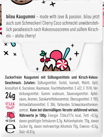 Kaugummi, Cherry Coco Flavour, zuckerfrei (10 Stück) bilou