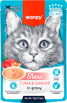 Mokra karma dla kota, tuńczyk z krewetkami w sosie wanpy