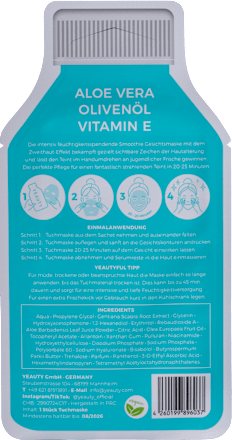 Maska za obraz Aloe Vera Olive Oil Vitamin E, v obliki krpice YEAUTY