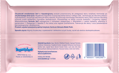 Chusteczki emolientowe 3w1, hipoalergiczne bambino