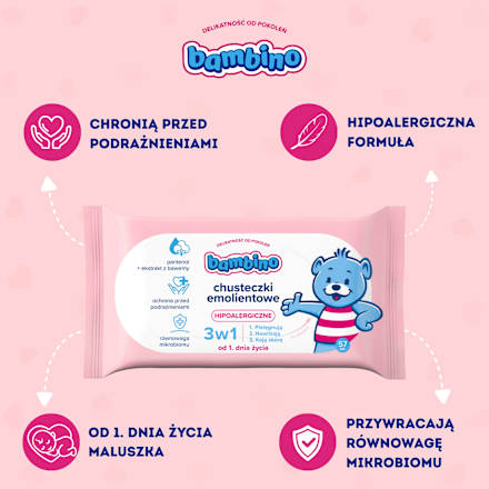 Chusteczki emolientowe 3w1, hipoalergiczne bambino