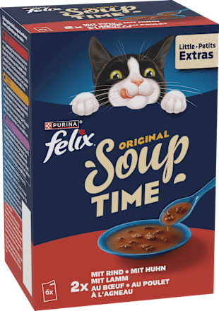 Nassfutter Katze mit Rind, Huhn & Lamm, Original Soup Time Multipack (6x48 g) Felix