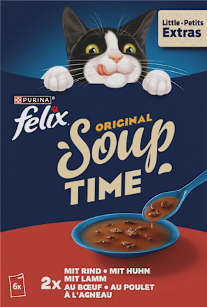 Nassfutter Katze mit Rind, Huhn & Lamm, Original Soup Time Multipack (6x48 g) Felix