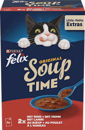 Nassfutter Katze mit Rind, Huhn & Lamm, Original Soup Time Multipack (6x48 g) Felix