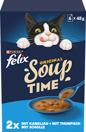Nassfutter Katze mit Kabeljau, Thunfisch, Scholle, Original Soup Time, Multipack (6x48g) Felix