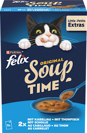 Nassfutter Katze mit Kabeljau, Thunfisch, Scholle, Original Soup Time, Multipack (6x48g) Felix