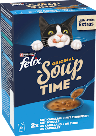 Nassfutter Katze mit Kabeljau, Thunfisch, Scholle, Original Soup Time, Multipack (6x48g) Felix