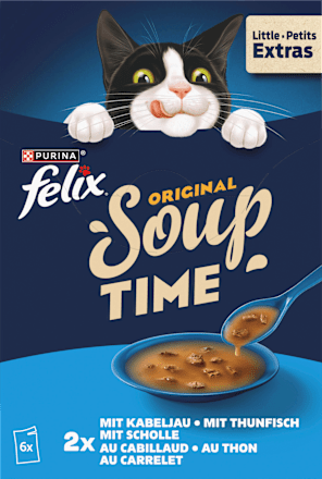 Nassfutter Katze mit Kabeljau, Thunfisch, Scholle, Original Soup Time, Multipack (6x48g) Felix