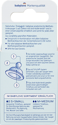 Trinksauger Weithals Silikon anatomisch, Gr. S, von Geburt an   babylove