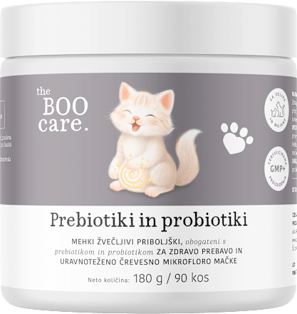 Pobiotiki in prebiotiki za mačke, dopolnilna krmna mešanica v obliki mehkih žvečljivih priboljškov the BOO care
