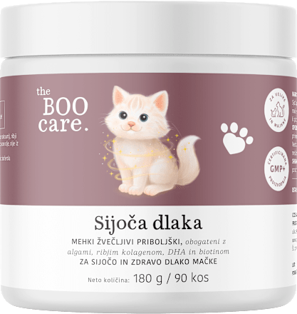 Za sijočo dlako mačk, dopolnilna krmna mešanica v obliki mehkih žvečljivih priboljškov the BOO care