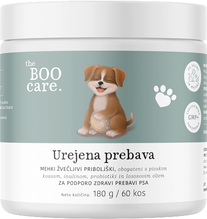 Za urejeno prebavo psov, dopolnilna krmna mešanica v obliki mehkih žvečljivih priboljškov the BOO care