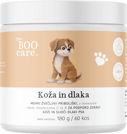 Za kožo in dlako psov, dopolnilna krmna mešanica v obliki mehkih žvečljivih priboljškov the BOO care