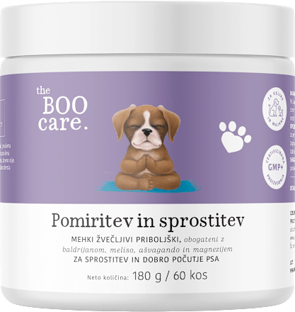 Za pomiritev in sprostitev psov, dopolnilna krmna mešanica v obliki mehkih žvečljivih priboljškov the BOO care