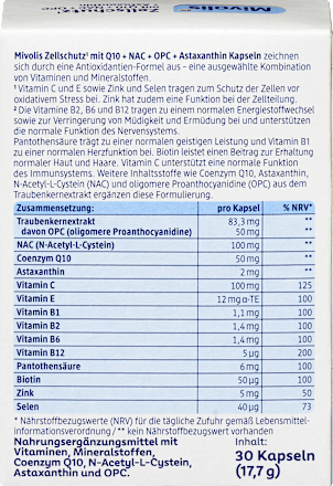 Zellschutz mit Q10 + NAC + OPC + Astaxanthin Kapseln 30 St Mivolis