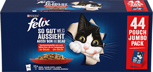 Nassfutter Katze, Geschmacksvielfalt vom Land mit Rind, Huhn, Ente & Lamm in Gelee, Multipack (44x85 g) Felix