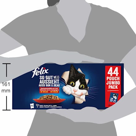 Nassfutter Katze, Geschmacksvielfalt vom Land mit Rind, Huhn, Ente & Lamm in Gelee, Multipack (44x85 g) Felix