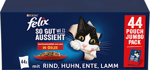 Nassfutter Katze, Geschmacksvielfalt vom Land mit Rind, Huhn, Ente & Lamm in Gelee, Multipack (44x85 g) Felix