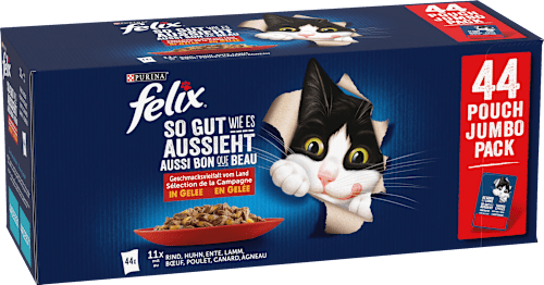 Nassfutter Katze, Geschmacksvielfalt vom Land mit Rind, Huhn, Ente & Lamm in Gelee, Multipack (44x85 g) Felix