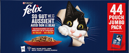 Nassfutter Katze, Geschmacksvielfalt vom Land mit Rind, Huhn, Ente & Lamm in Gelee, Multipack (44x85 g) Felix
