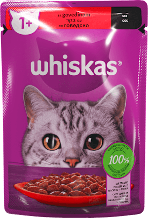 Vlažna kompletna hrana za odrasle mačke- goovedina u sosu whiskas