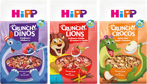 Kindermüsli Crunchy Dinos Waldbeere, ab 3 Jahren HiPP