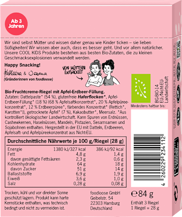 Kindersnack Fruchtriegel Frucht-Creme Apfel-Erdbeere ab 3 Jahren (3x28 g) foodloose