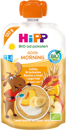Mus jabłka - brzoskwinie - banany z musli i jogurtem BIO po 1. roku życia Good Morning HiPP