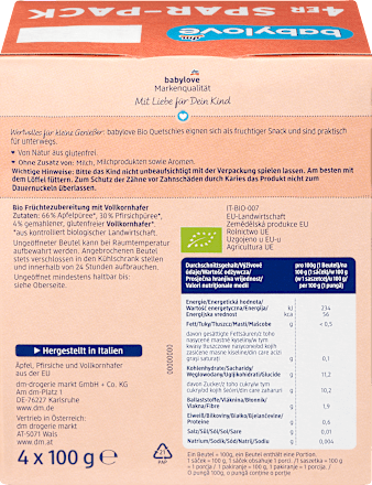 EKO kašica u vrećici, 12+ mj. – breskva, jabuka i zob, 4 x 100 g babylove