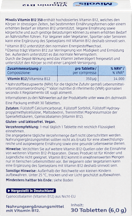 Prehransko dopolnilo z vitaminom B12 350 µg v obliki mini tabletk, s podaljšanim sproščanjem Mivolis