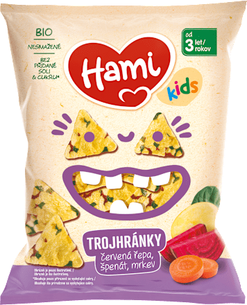 trojhránky s příchutí červená řepa, špenát a mrkev Hami