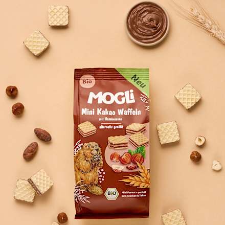 Kindersnack Mini Kakao Waffeln mit Haselnüssen MOGLi